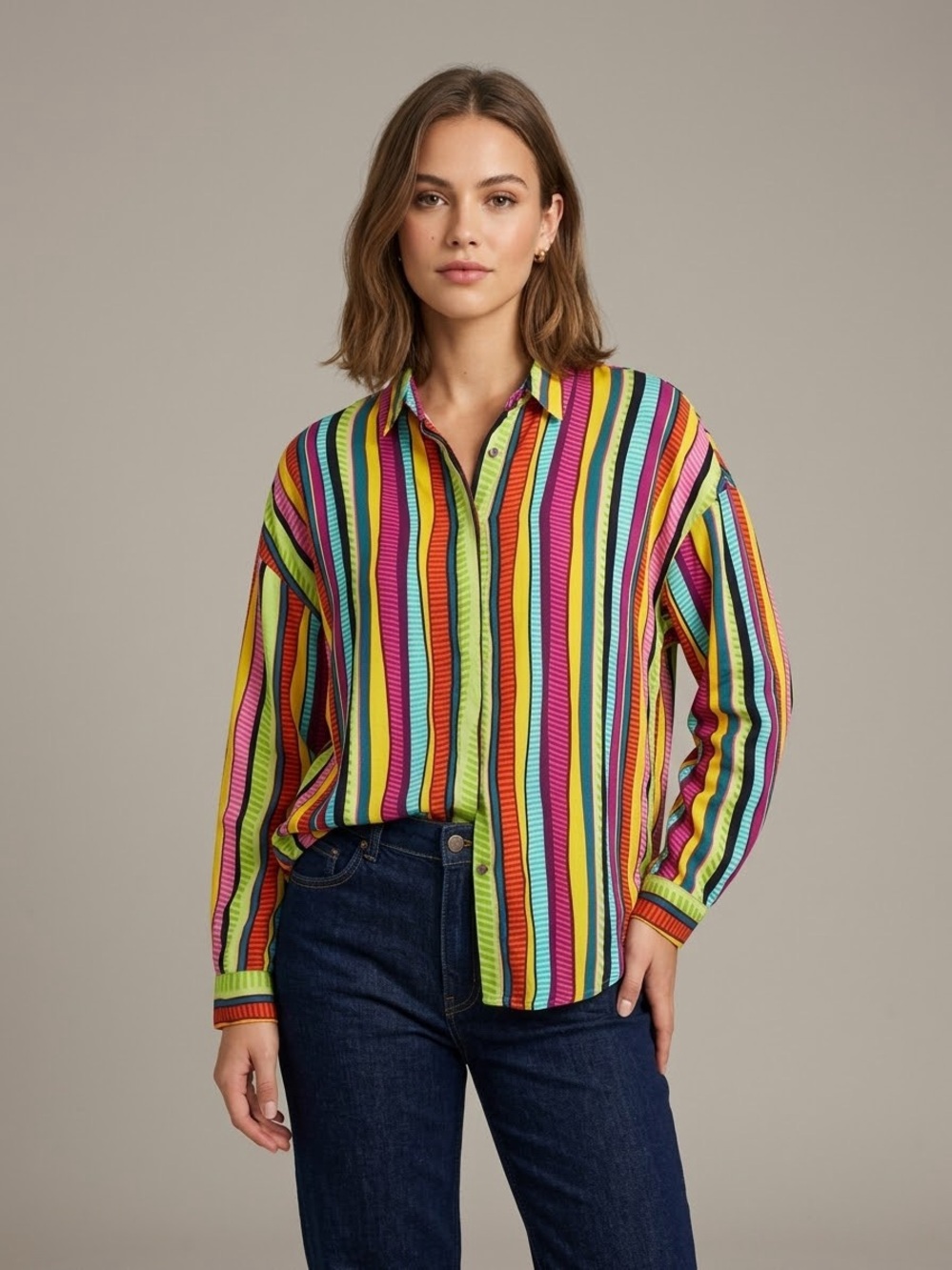 Rainbow Stripe Long Sleeve Button Down Shirt 100% Viscose dopamine dressing